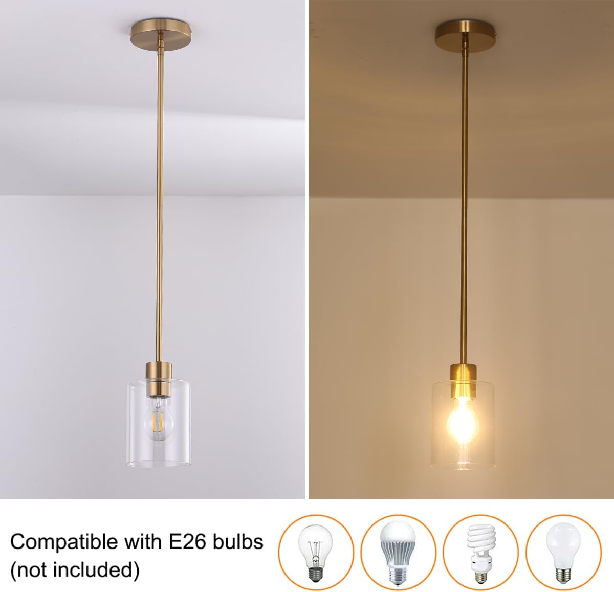 Brass Pendant Lights Kitchen Island,Modern Farmhouse Clear Glass Pendant Light,Gold Light Fixture Kitchen Pendant Mini Hanging Light Fixture for Sink (Brass 2 Pack stem Rod)