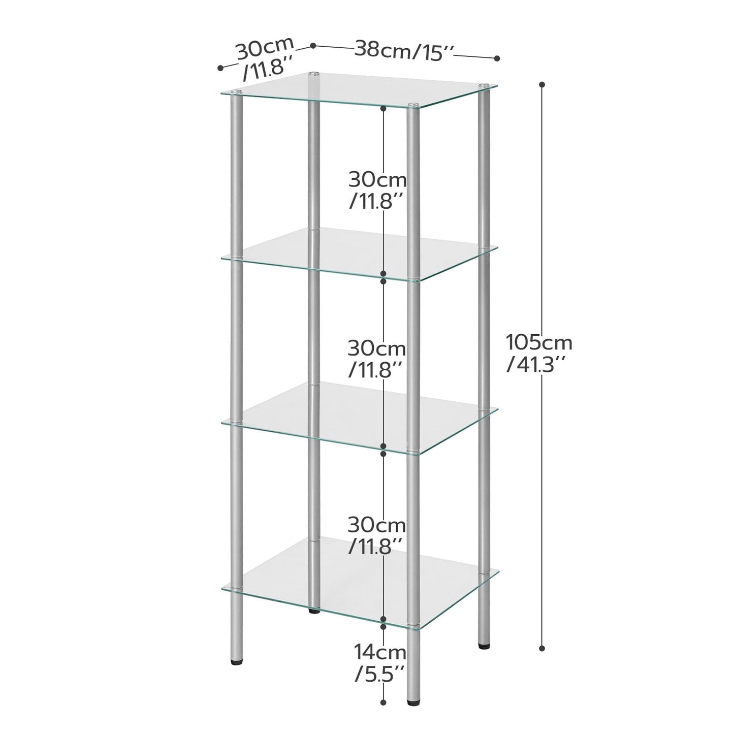 HOOBRO Glass Shelf, 4 Tier Bathroom Standing Shelf Unit, Tempered Glass Shelving Stand for Small Space, Perfume Stand Organizer, Space-Saving, for Bathroom, Bedroom, Steel Frame, Silver SV04CJ01