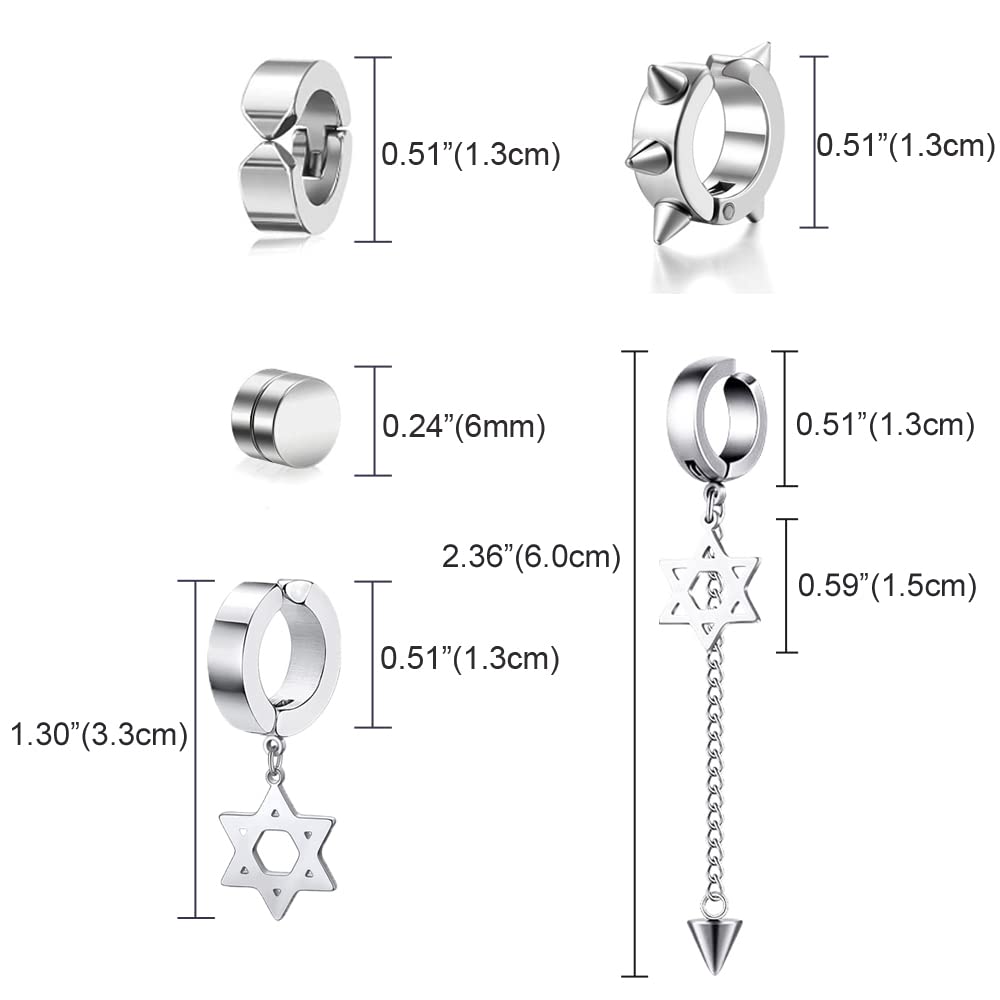5 Pairs Silver Stainless Steel Non-Piercing Spike Rivet Star of David Dangle Tassel Clip on Hoop Earrings Set for Women Men, Non Pierced Fake Ear Clip Stud Earrings