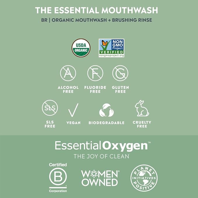 Essential Oxygen Certified BR Organic Brushing Rinse, All Natural Mouthwash for Whiter Teeth, Fresher Breath, and Happier Gums, Alcohol-Free Oral Care, Peppermint, 16 Ounce, Package may vary