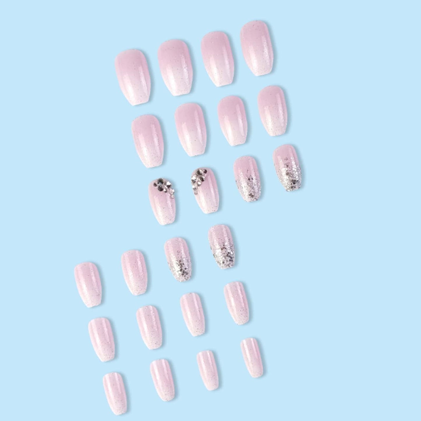 YoYoee Medium Coffin Press On Nails Crystal Gem Design Fake Nails Acrylic Gradient Bling False Nails Reusable Ballerina Stick On Nails for Women and Girls （24 PCS）