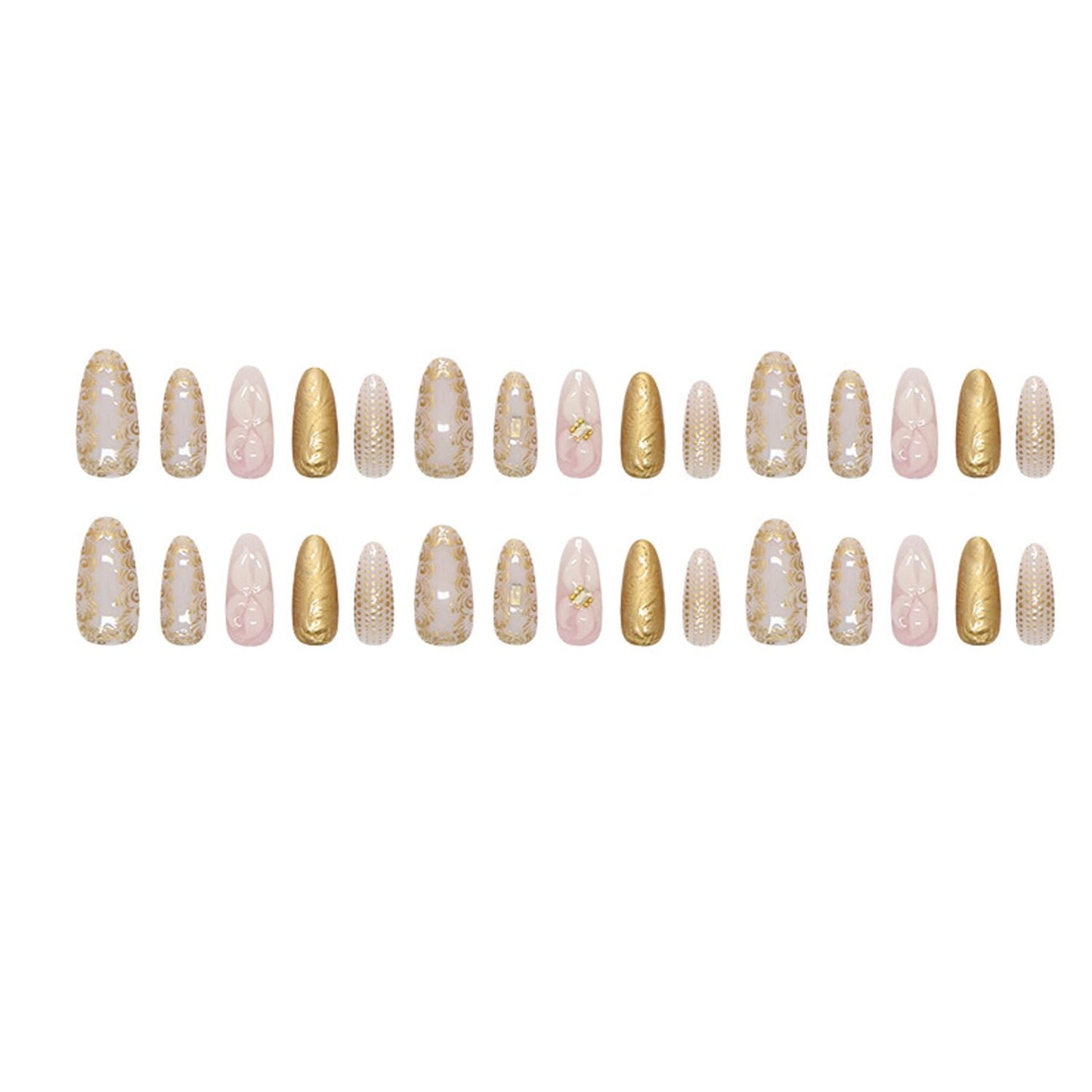 30Pc White Flower Press on Nails Medium Almond Fake Nails with 3D Gems Designs Chrome Gold False Nails Irregular Gilded Lines Full Cover Gold Polka Dots Glossy Gel Artificial Stick on Nails for Women