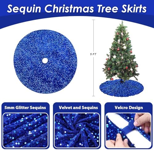 48 Inches Christmas Tree Skirt: Sequin Sparkly Tree Skirts - Royal Blue Velvet Tree Skirt for New Years Christmas Tree Decorations