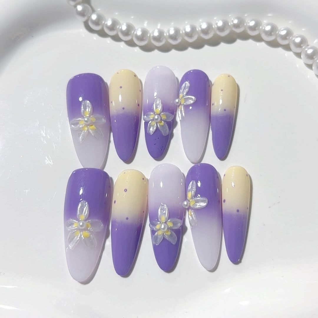 Vseegrs Purple Handmade Press on NailsStiletto Long Artificial False Nails with Designs Embossed Flowers Acrylic Nail Press ons Polka Dot Press on Nail Kit for Women 10pcs (L)