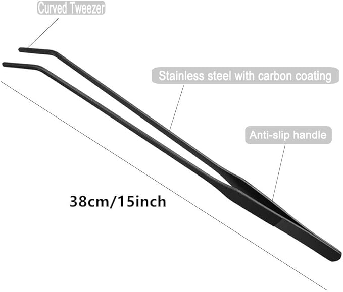 EvaGO 15 inch Black Curved Aquarium Tweezers Stainless Steel Curved Tweezer with Carbonation Protection Coating Against Rust Long Reptiles Feeding Tongs for Aquatic Plants Lizards Spider Snakes