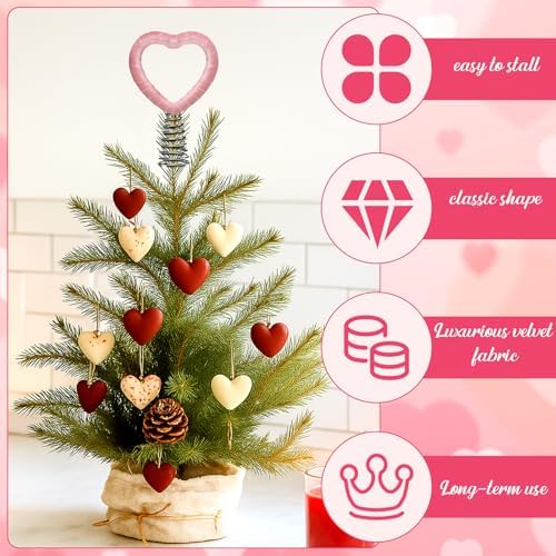 Gejoy 5.5 Inch Mini Velvet Valentine Day Tree Topper Velvet Pink Hearts Tree Topper for Mini Heart Decorations for Valentine's Day Party Holiday Ornament