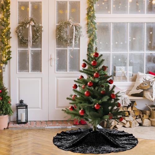 Poise3EHome Black Christmas Tree Skirt, 24 Inch Sequin Tree Skirt