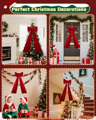 Piemow Christmas Tree Topper Bows, 19" x 40" Large Wine Red Velvet Bows