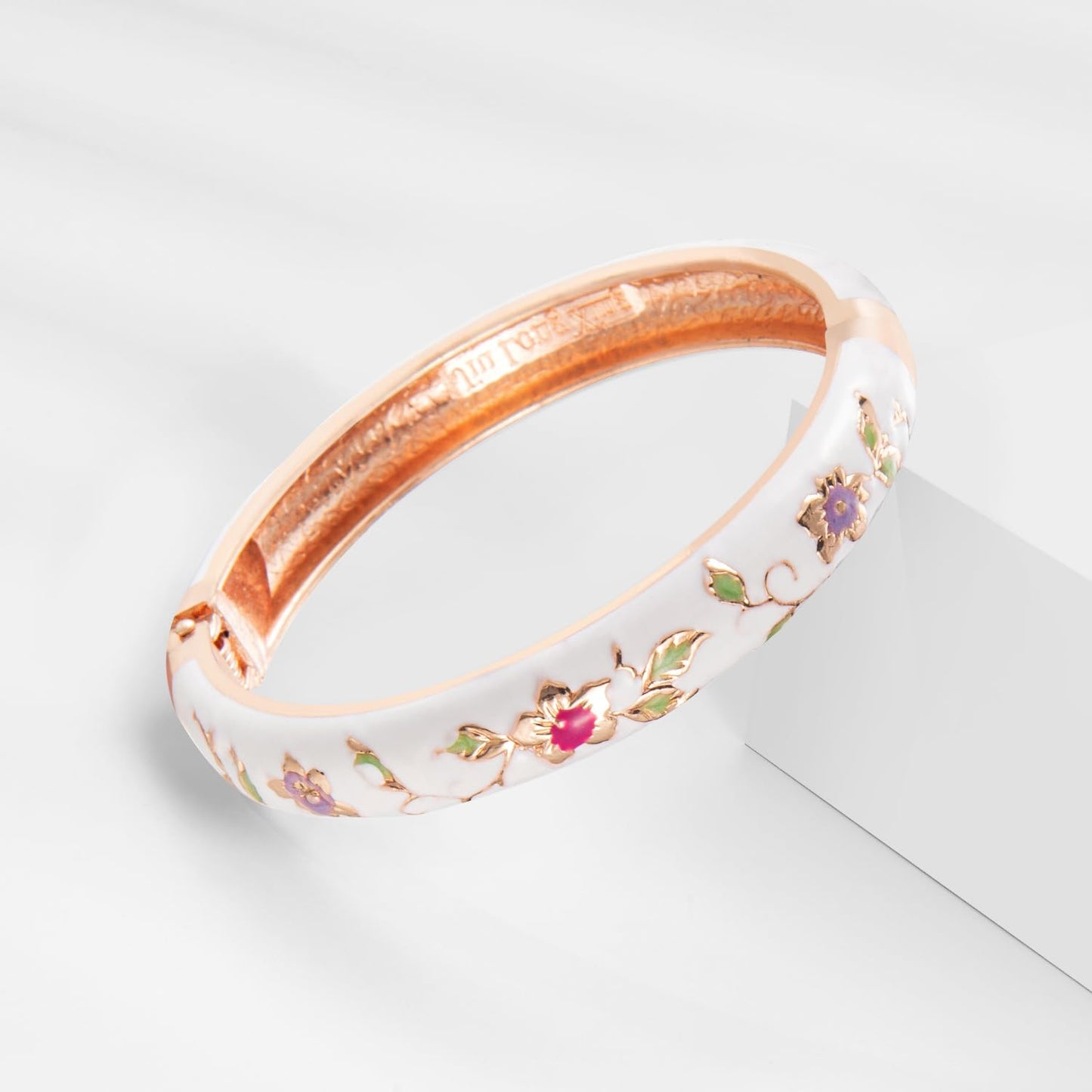 UJOY Womens Multi-Colors Cloisonne Bracelet Gold Plated Flower Enameled Hinged Cuff Bangles Jewelry Gift 55A-3PCS White
