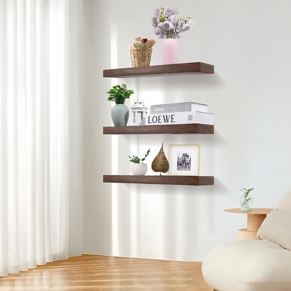 Zuiguoshan Wood Floating Shelves for Wall Set of 3, 22 Inch Rustic Floating Shelf Wall Mount, Solid Wooden Bathroom Floating Shelves for Kitchen, Bedroom, Living Room - Dark Walnut