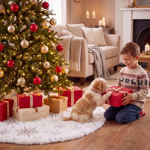 SeasonBliss Christmas Tree Skirt, Faux Fur Tree Skirt, Christmas Tree Skirts with Snowflake Patterns, Small Tree Skirt for 4ft-7.5ft Tree, Great for Christmas, Holiday, Party, 35.6 Inches, White