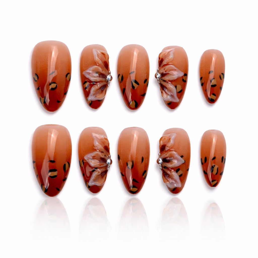 IntoVibes 10 Pieces Handmade Press On Nails Medium Almond, Brown Thickened French False Nails, 3D Petals, Reusable Fake Nails Almond, Reusable Acrylic Nails (M)