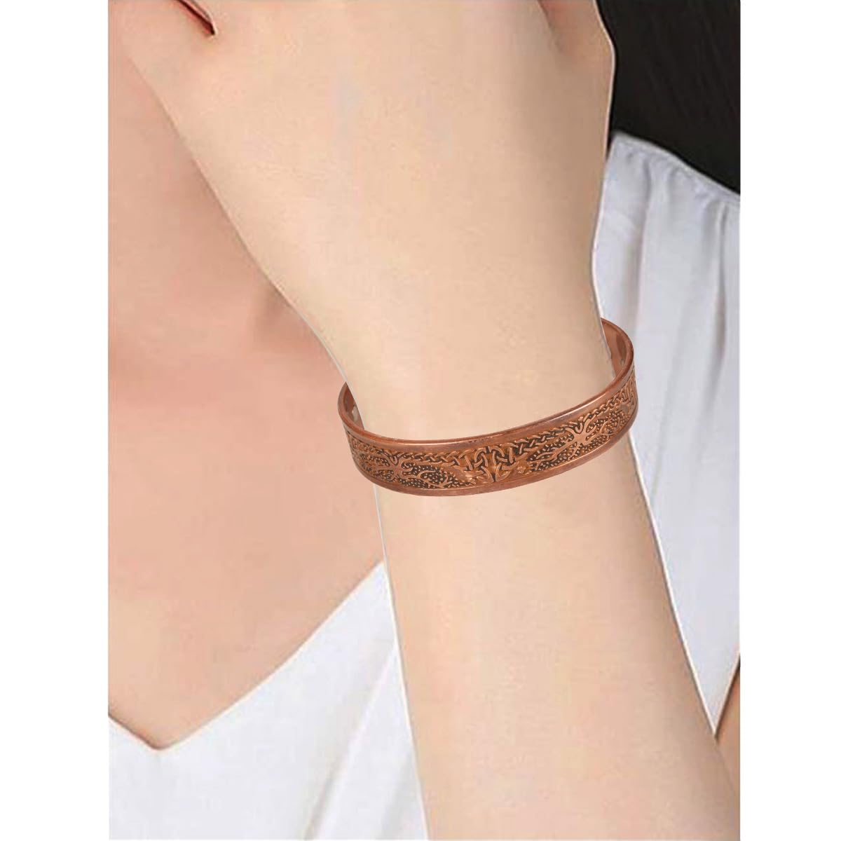 Touchstone handcrafted magnetic copper bracelet. Hand forged with solid and high gauge Tibetan style engraved cuff pure copper jewelry for women men. Awesome Celtic Design.