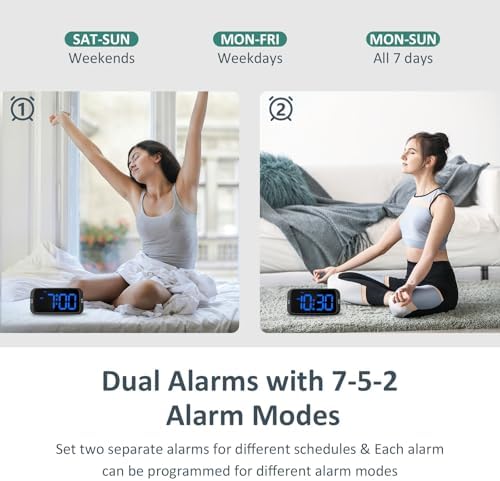 Odokee Digital Dual Alarm Clock for Bedroom with 0-100% Dimmable Display | Easy to Set Alarm Clock with Weekday/Weekend Mode - Loud Alarm for Heavy Sleepers with 5 Sounds Adjustable Volume - Blue