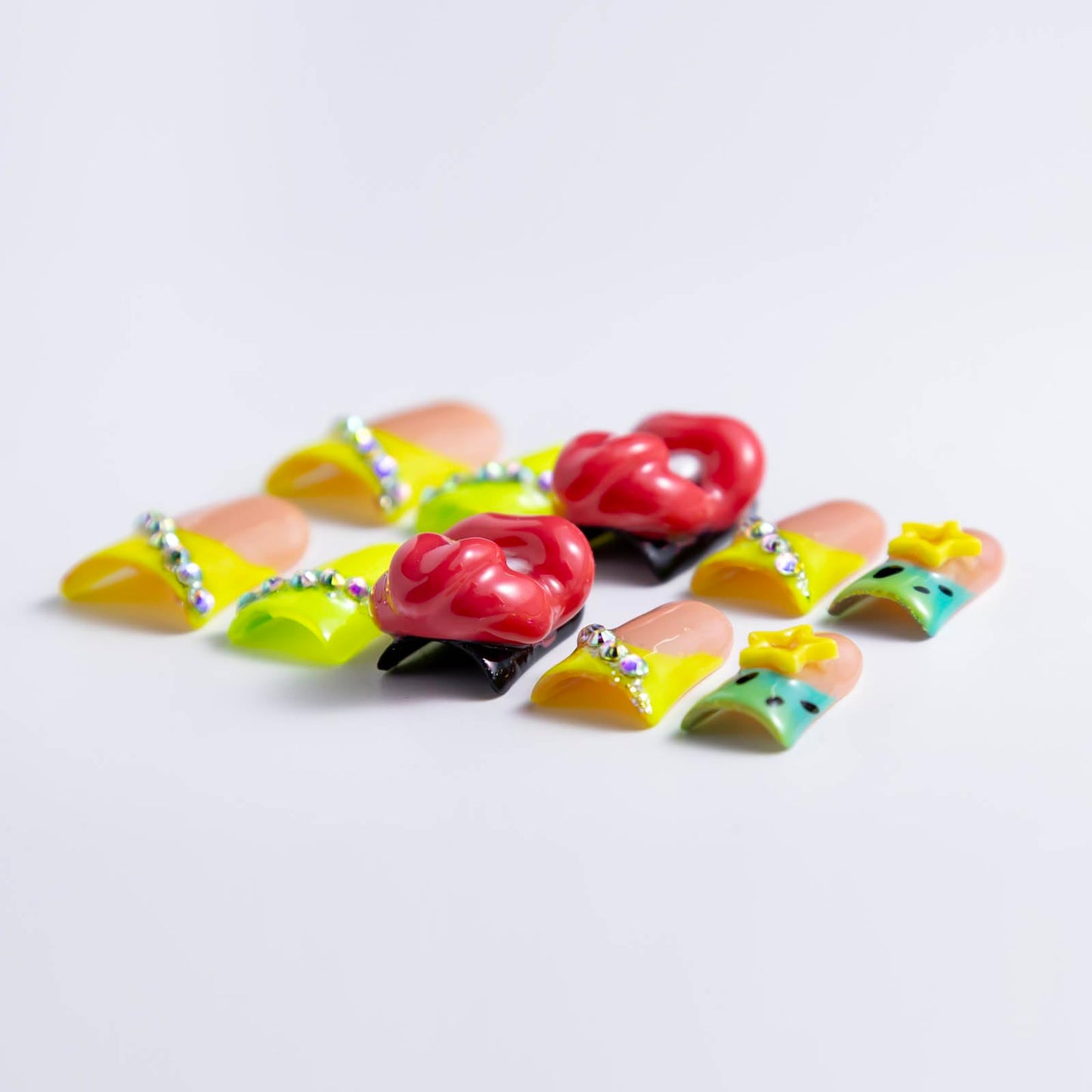 IntoVibes 10 Pieces Luxury Acrylic Press On Nails Short Handmade Duck Nails, Thickened False French Nails, Rhinestones, Yellow Star And 3D Red Lips, Reusable Fake Nails, Acrylic Nails (L)