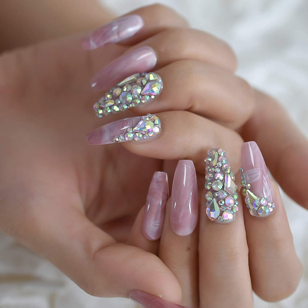 Marble Faux Ongles Large Pink Stones Pre-designed Luxurynails Extra Long Coffin Shape Ladies Party Wedding Decoration Accessories