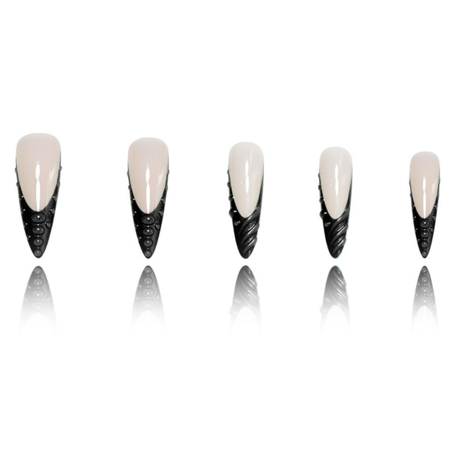 Long Press on Nails Stiletto Fake Nails Black French Artificial Nail with 3D Water Droplets Designs Extra Long Glossy Cute Stick on Nail for Women 24pcs