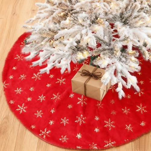Christmas Tree Skirt, 48 Inch Red Luxury Faux Fur & Gold Sequin Snowflakes, 4ft Xmas Tree Skirt for Holiday Tree Ornaments Christmas Party Home Decorations