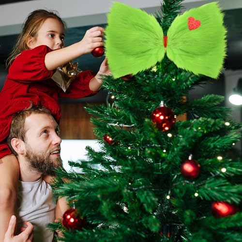 Suncalla Lime Green Furry Christmas Tree Topper Bow 14x8 Glitter Heart