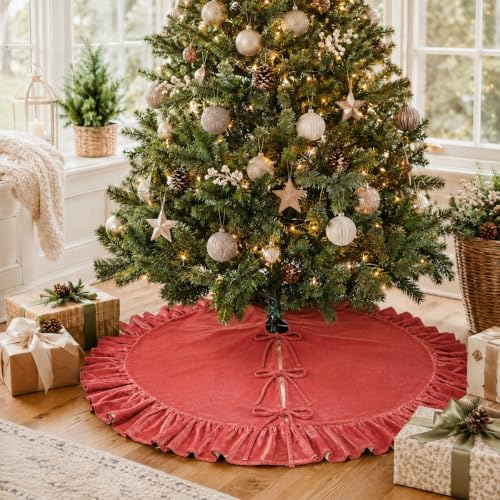 Christmas Tree Skirt,Velvet Tree Skirt with Ruffled Edge, Classic Large Velvet Fur Plush Tree Skirt for Merry Christmas(Rosered,60Inch)