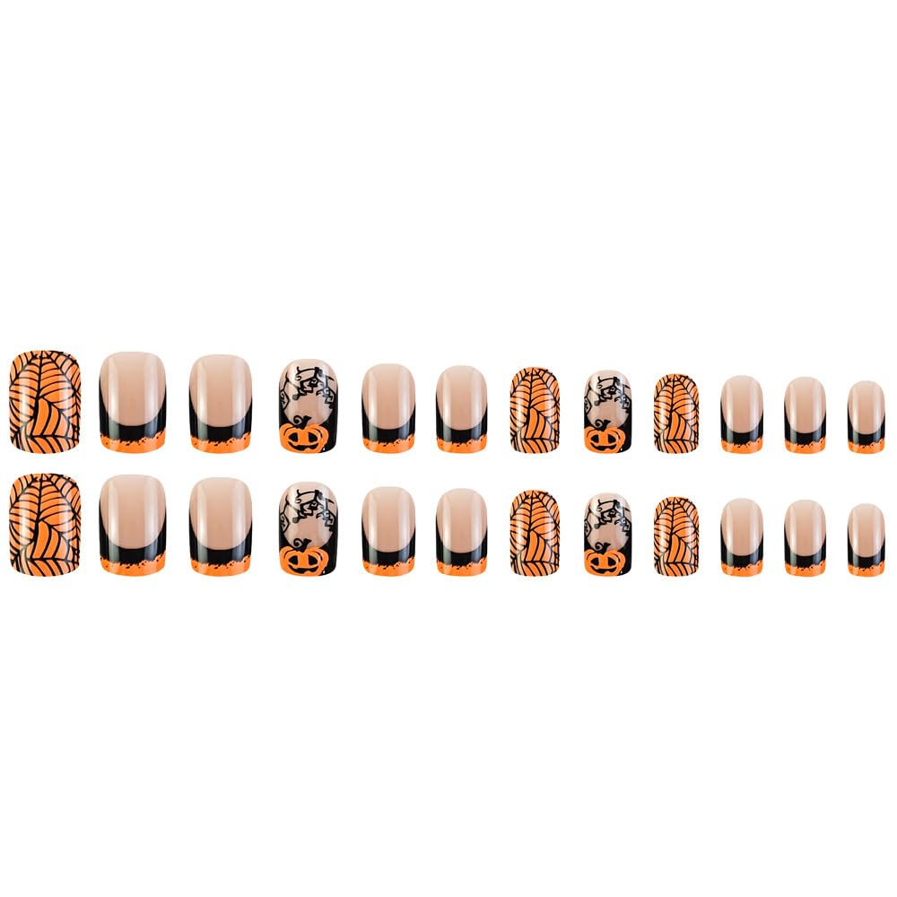 24PCs French Press on Nails with Cobweb & Pumpkin Designs - Fake Nails in Yellow, Medium Square Size, Natural Glue, For Women & Girls