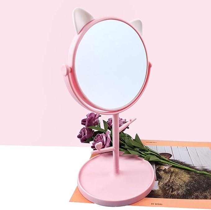 Desk Mirror in Cute Cat Ears Shape-Kawaii &Vanity Mirror for You in Bathroom or Bedroom- Pink