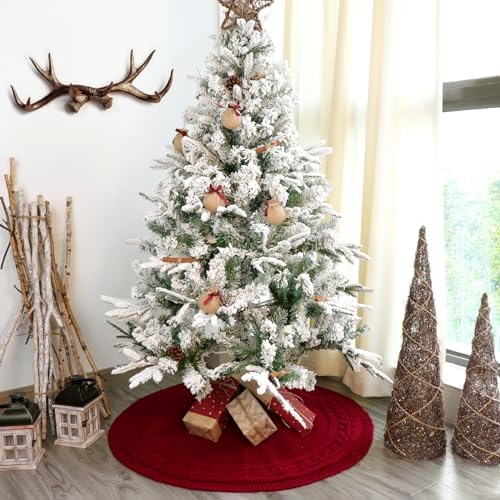 Christmas Tree Skirt 36 Inches: Braided Cable Knit Round Wine Red Tree Skirt, Thick Rustic Christmas Tree Decorations Neutral Christmas Decor Christmas Tree Skirts for Xmas Home Party Supplies