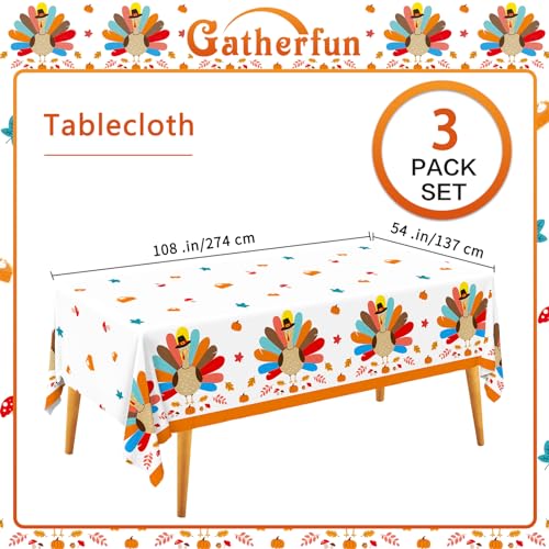 Gatherfun Turkey Thanksgiving Party Supplies - 3 Pack Disposable Plastic Tablecloth, 54”x108” Table Cover Ideal for Autumn and Thanksgiving Party Decorations - style: thanksgiving