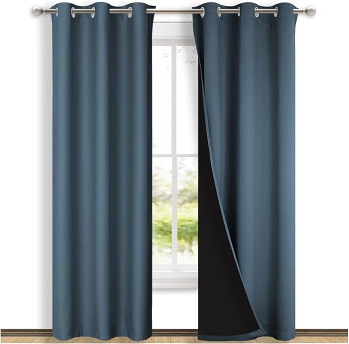 NICETOWN Blackout Curtains 80 inches Long, 2 Pieces, 42" Wide Each Panel, Smoky Blue, Full Light Blocking Drapes with Black Liner for Nursery, Thermal Insulated Draperies for Hall, Villa