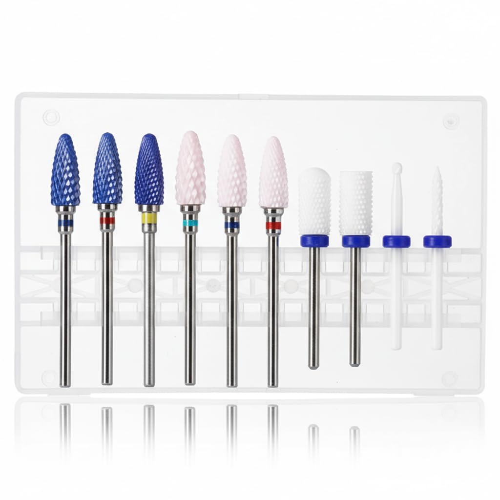 Feecy Nail Drill Bits Set Ceramic for Acrylic Nails Gel Polish Professional, 3/32 Inch Efile Nail Drill Bits Kit for Cuticle Safety Barrel Nail Art Tools with Holder, 10pcs (S10-B)