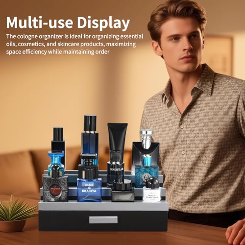 Perfume Organizer for Men, 3 Tier Wood Perfume Display Stand with Velvet Lining Drawer and Hidden Compartment for Watch,Jewelry,Perfume Display Risers,A Gift for Men (Black+Gray) - style: 3 Tier - BlackGrey