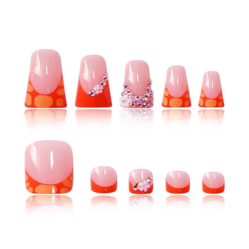 48Pcs Orange French Tip Press on Nails Medium Duck Fake Nails with Flower Rhinestones Design Short Square Press on Toenails Crocodile Print False Toenails Floral Fake Toenails for Women Girls Manicure