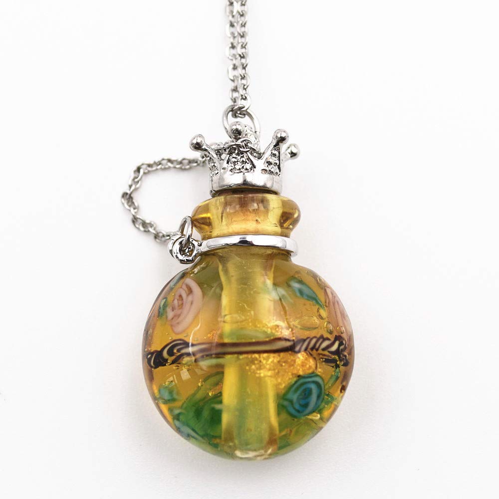 Stainless Steel Colored Glass Pendant Necklace Diffuser Perfume Pendant Aromatherapy Charms (Yellow)