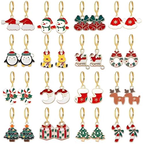 16 Pairs Christmas Reindeer Santa Hoop Earrings for Women Unique Winter Xmas Tree Snowflake Bow Bell Snowman Penguin Earrings Christmas New Year Jewelry Gifts - style: Gift
