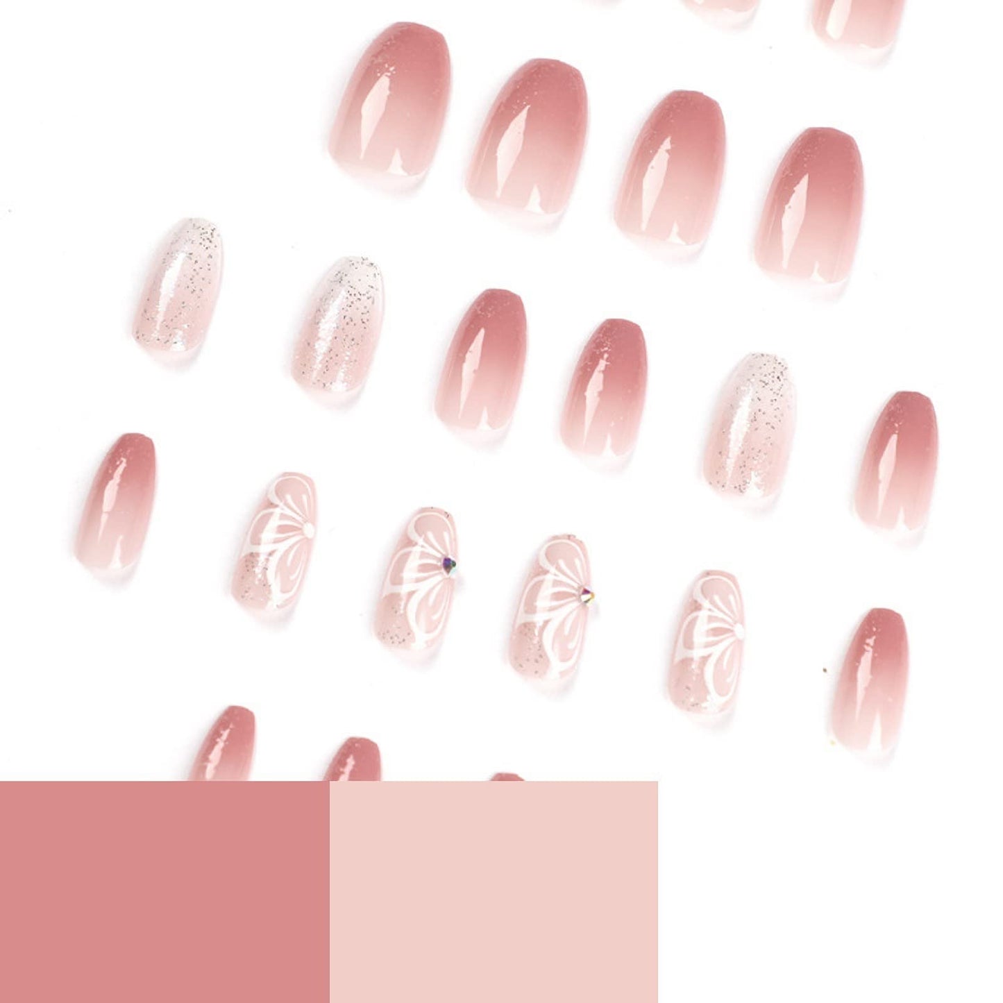 MISUD Press on Nails - Medium Coffin Glue on Nails with Pink Ombre, Acrylic Bling Glitter Design 24 pcs
