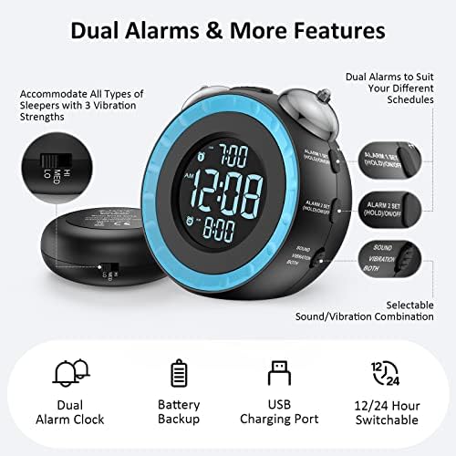 uscce Loud Dual Alarm Clock with Powerful Adjustable Bed Shaker | Easy Alarm Clock with 0-100% Dimmer & Battery Backup - Vibrating Alarm Clock for Heavy Sleepers or Hearing Impaired (Blue)