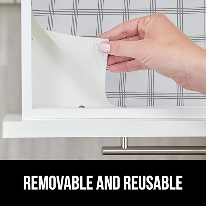 GORILLA GRIP DripGuard Shelf Liner, Non Adhesive Drawer and Kitchen Cabinet Protector, Slip Resistant BPA Free Smooth Surface Plastic Liners for Cabinets, Bathrooms, Closets, 12x240 Inch, White Stripe