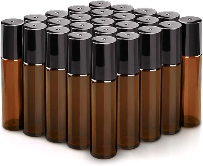 Sungwoo 25 Pack Essential Oil Bottles, 10ml Amber Glass Bottles with Stainless Steel Roller Balls and Caps for Travel, Perfume and Lip Gloss