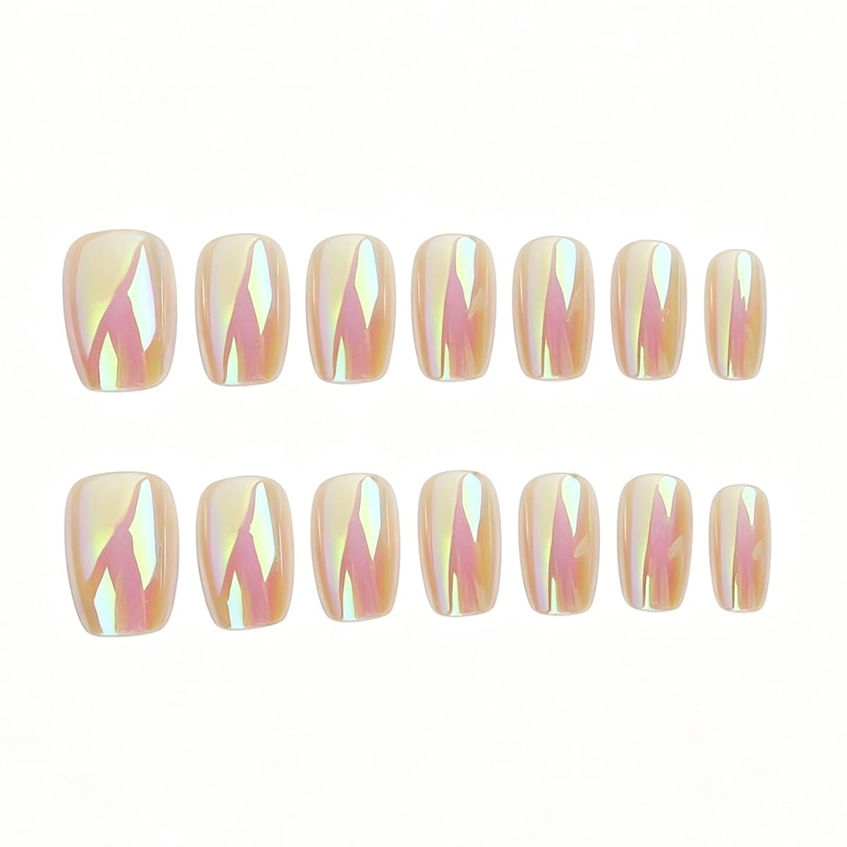 Chrome Press on Nails Short Square Fake Nails Glossy False Nails Aurora Acrylic Nails Reusable Full Cover Stick on Nails for Women Manicure