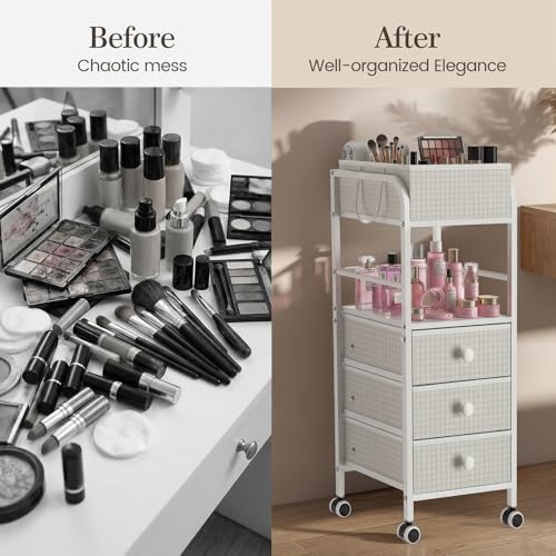 2-in-1 Makeup Organizer Cart with Removable Travel Cosmetic Bag, 5 Tier Rolling Makeup Cart on Wheels with Drawers, Floor Cosmetic Display Cases Holder for Vanity Skincare Perfume Nail Polish Storage