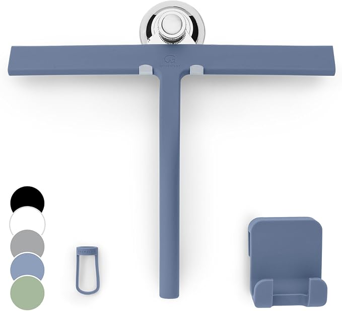 GÜTEWERK Shower Squeegee for Glass Doors, Silicone Window Squeegee, Bathroom and Glass Cleaning - Blue - 11 Inch
