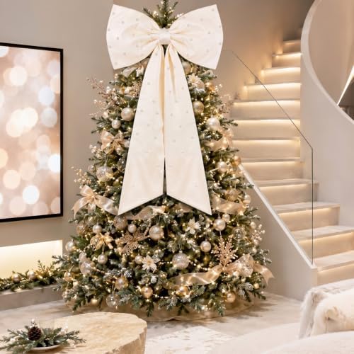 HunnmingRe 24x43 in Satin Bow with Pearl Christmas Tree Topper,Ivory White