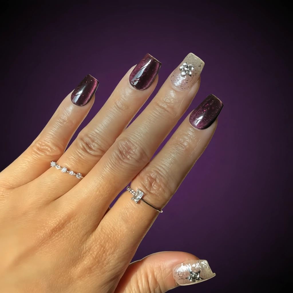 Tesytto Handmade Short Square Press On Nails, Purple Cat Eye Glitter False Nails with 3D Star Rhinestone, Reusable Fake Nails for Women, 10Pcs (Gemstone Starry Night,S)