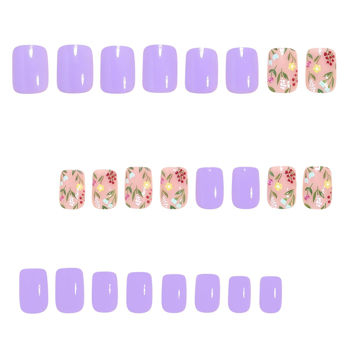 LINMEIZAI Press on Nails Short Square Spring Small Flower Glossy Acrylic Fake Nails Press ons Glue on False Nails for Women Reusable Cute Manicure Set Purple Stick on Nails French Tip Kit 24Pcs