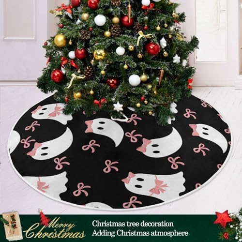 Dussdil Halloween Christmas Tree Skirt Decoration, Large Tree Skirt Ornament 48 Inch with Halloween Ghost Bow Xmas Tree Skirts Seasonal Round Tree Stand Mat for House Party Indoor Home Office Decor