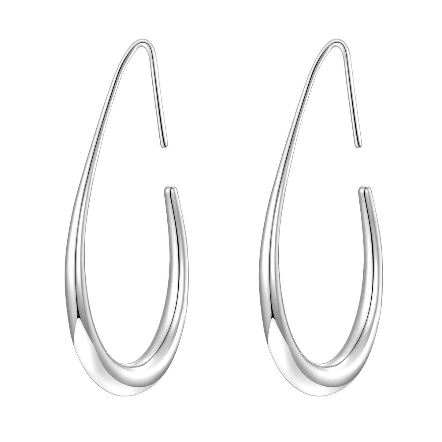 Lightweight Teardrop Hoop Earrings for Women - 14k Gold/White Gold Plated Large Oval Pull Through Hoop Earrings High Polished Statement Jewelry Gift for Women(silver 30 * 18)