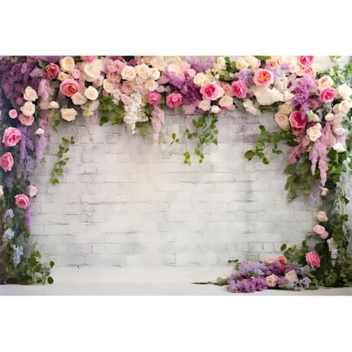 YongFoto Retro White Brick Wall Floral Arch Backdrop 12x10ft Rose Flowers Vine Leaves Photography Background Birthday Bridal Shower Wedding Party Banner Room Decor Portraits Photoshoot Wallpaper - size: 12ftx10ft