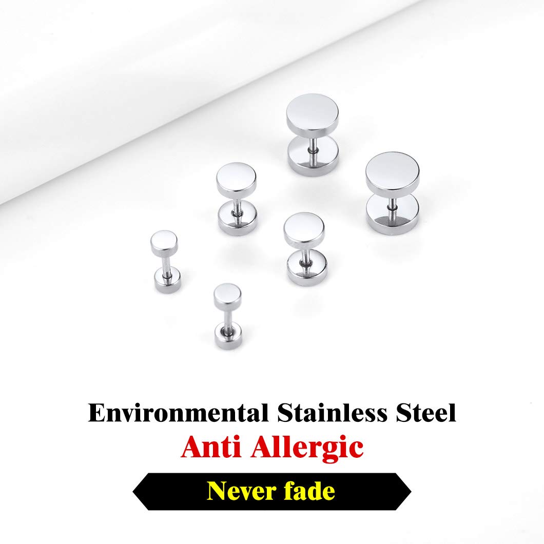 Stainless Steel Round Stud Earrings Set Ear Piercing Plugs Tunnel Men Women Hip Hop Style Jewelry