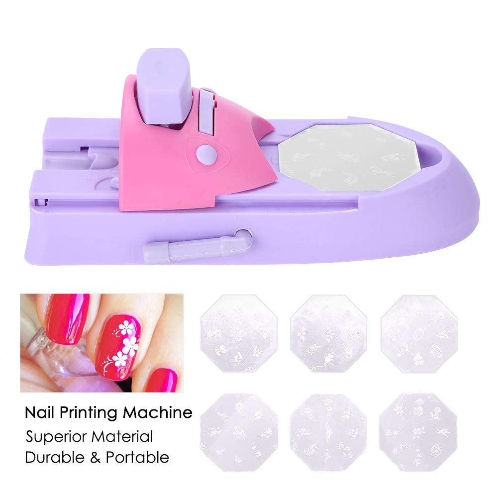 Professional Nail Art DIY Pattern Printing Machine Stamper Nail Printer Manicure Tools Plastic Durable Odorless for Salon Home Use 19.3 x 8.3 x 7cm 6 Templates