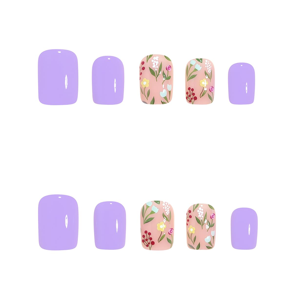 LINMEIZAI Press on Nails Short Square Spring Small Flower Glossy Acrylic Fake Nails Press ons Glue on False Nails for Women Reusable Cute Manicure Set Purple Stick on Nails French Tip Kit 24Pcs